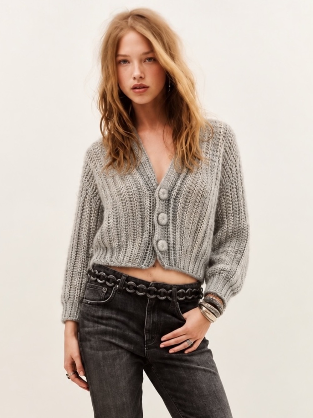 Handmade Grey Wool Blend Cropped Crochet Cardigan Boxy V-Neck Sweater M/L